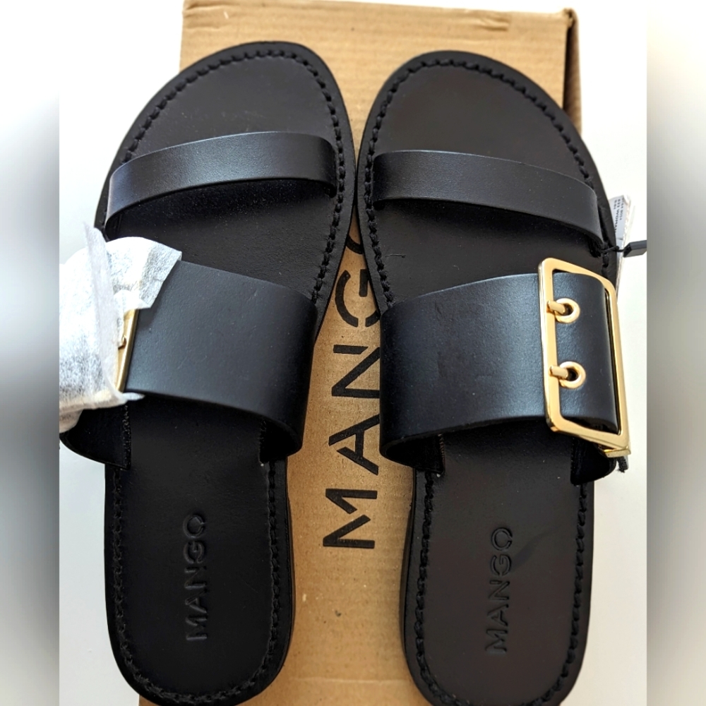 Mango Large Buckle Black Leather Sandals Size 7.5